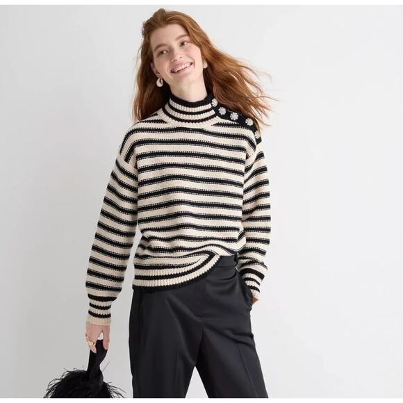 J.Crew Striped‎ Mockneck Sweater Size XL Jewel Rhinestone Twee Glam Preppy Heavy - Picture 1 of 11